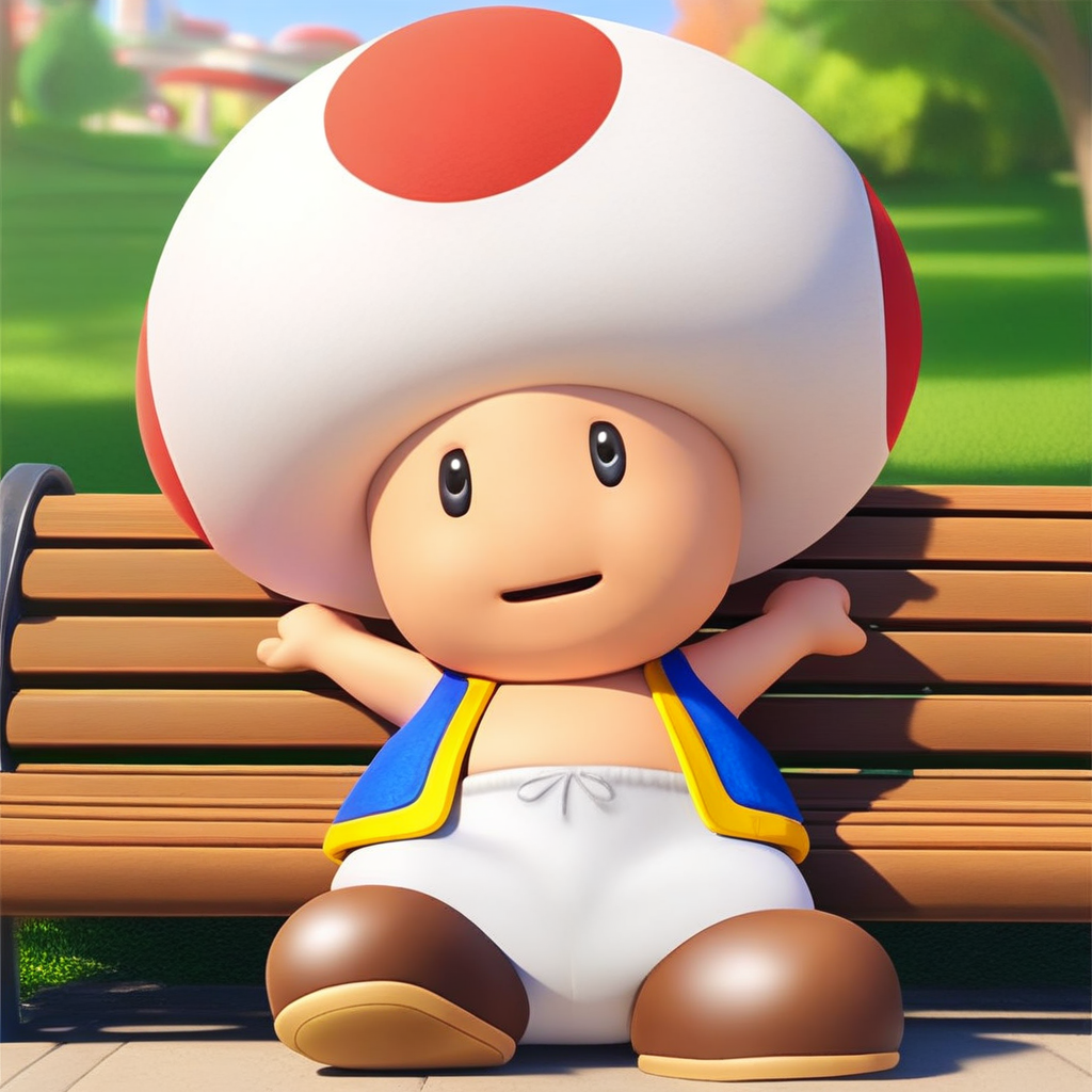 ToadCharacter, 1boy, solo, mushroomhat, black eyes, vest, white pants, brown shoes, sitted, bench, park