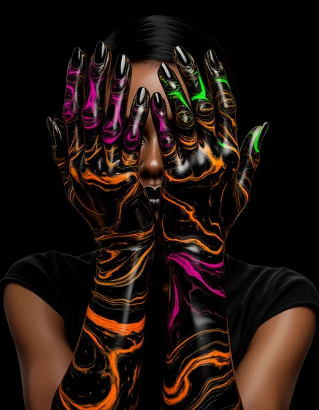 A tight frame of a modelâs hands wearing futuristic gloves that mimic flowing neon veins. The liquid marble patterns glow in radiant shades of neon orange, green, and magenta, wavy lines of color streaking across glossy black material. The background is pure black, heightening the intensity of the neon glow. The modelâs nails are painted in a reflective black lacquer, catching the surrounding light and adding to the bold, edgy aesthetic.
<lora:ral-lqdmrbls-flux_000004000:1>