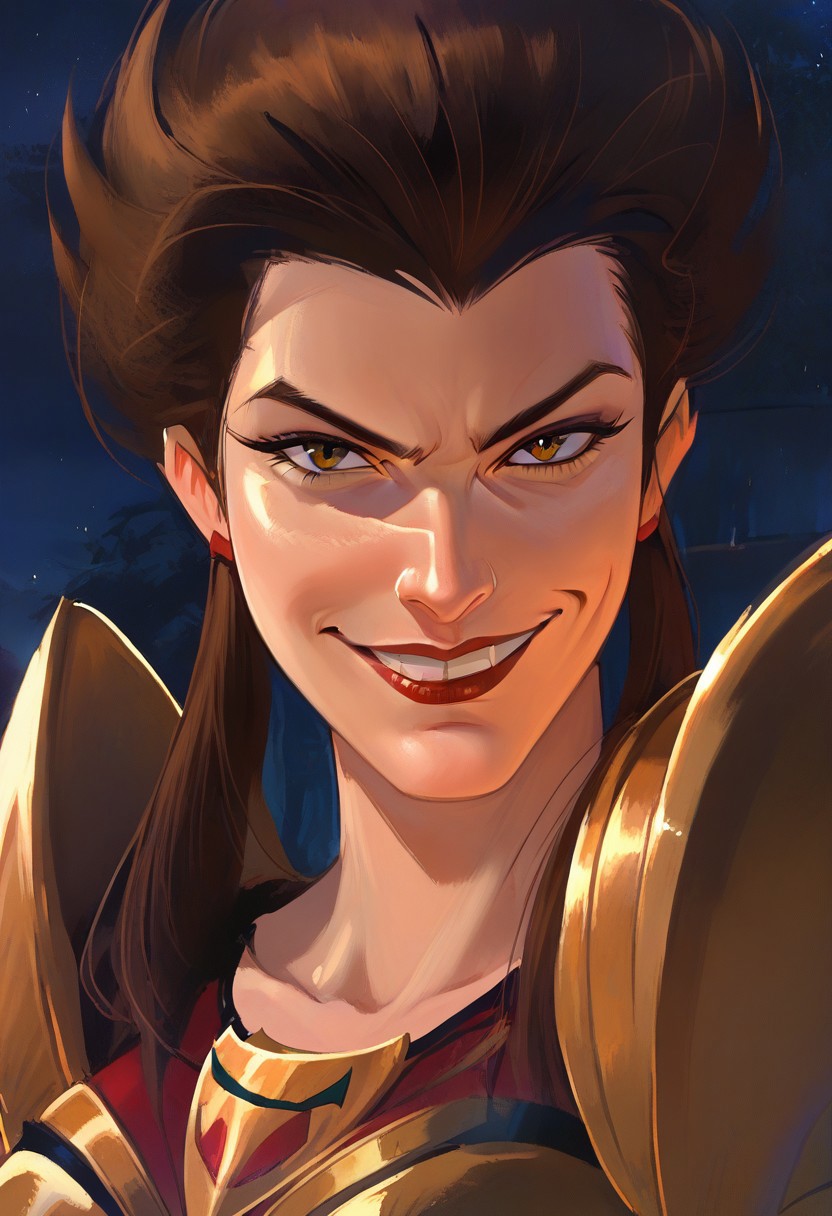 score_9, score_8_up, score_7_up, 1girl, solo, hy3nagarg, armor, night, brown hair, close up, evil smirk,