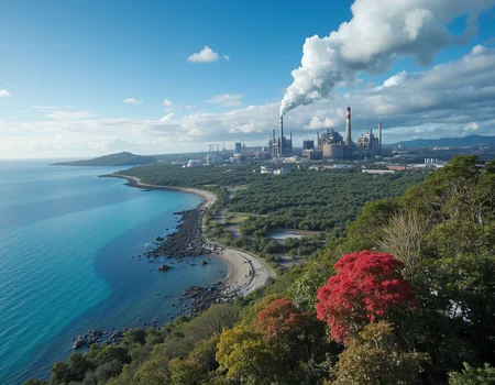 alien world with exotic plants and trees in variety of colors, bright blue sky, crystal clear blue ocean on the left. On right a heavy industrial factory sits with heavy pollution and smoke giving a contrasting look to the surrounding. Displays the conflicts between preserving nature and industrial expansion
<lora:Phlux:0.5> <lora:CinematicStyleFlux_v1:1>