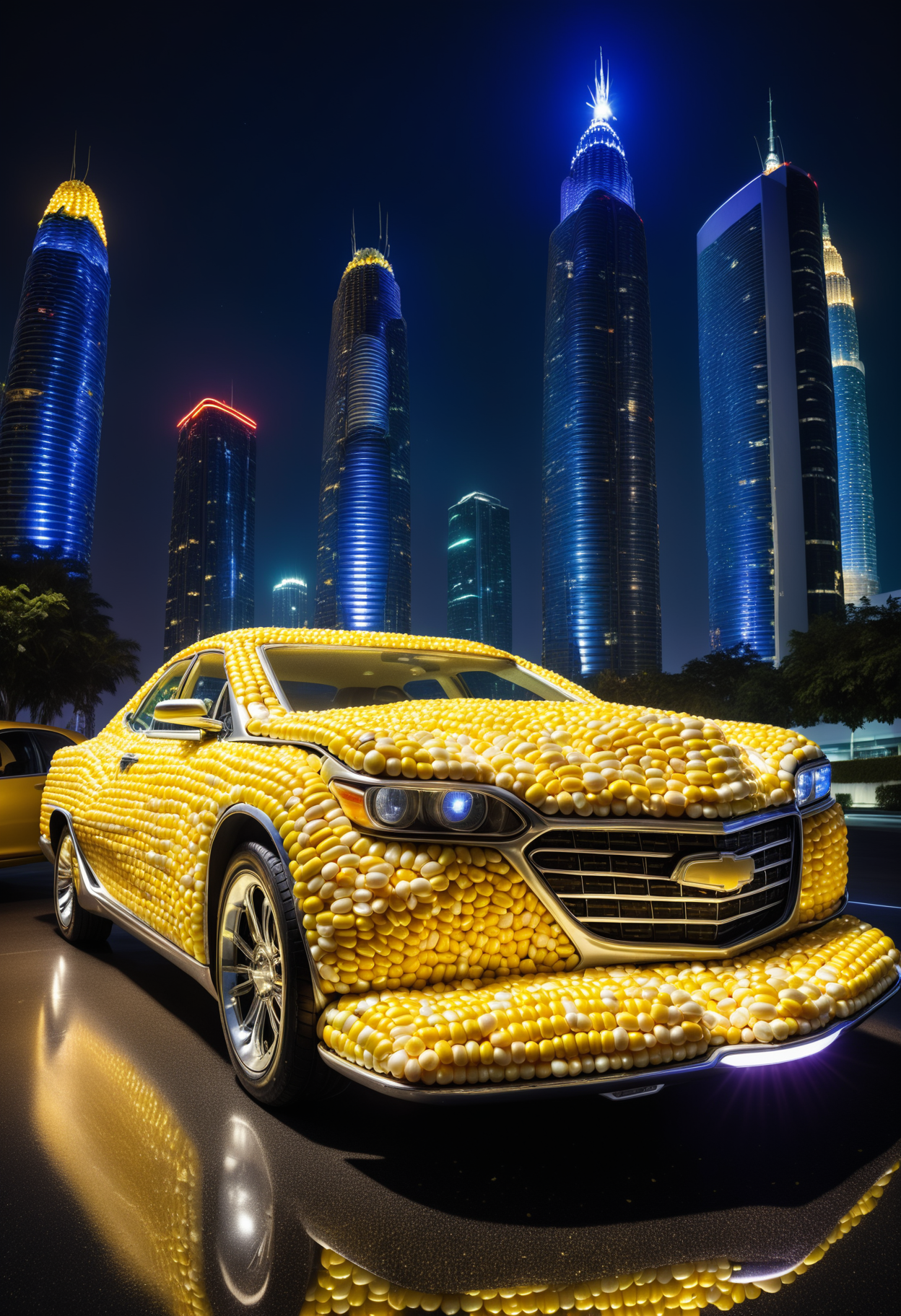 a Car made of corn kernels in an ultra-modern city at night, with floating cars, neon lights and futuristic skyscrapers ,Jed-CornK   <lora:CornKernelStyle-000006:0.5>