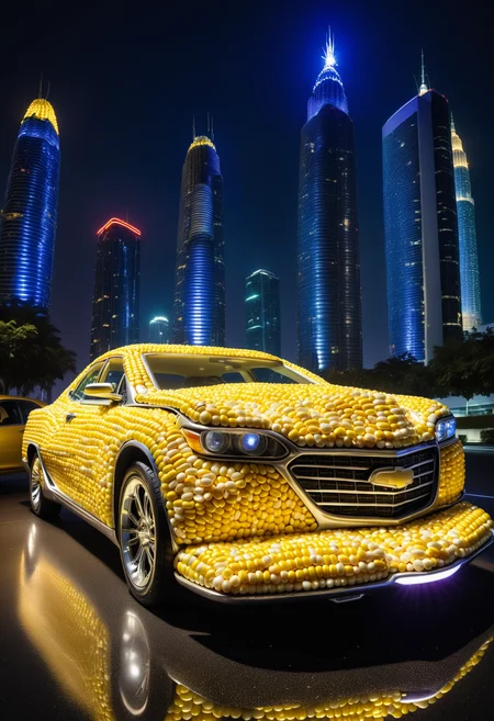 a Car made of corn kernels in an ultra-modern city at night, with floating cars, neon lights and futuristic skyscrapers ,Jed-CornK <lora:CornKernelStyle-000006:0.5>