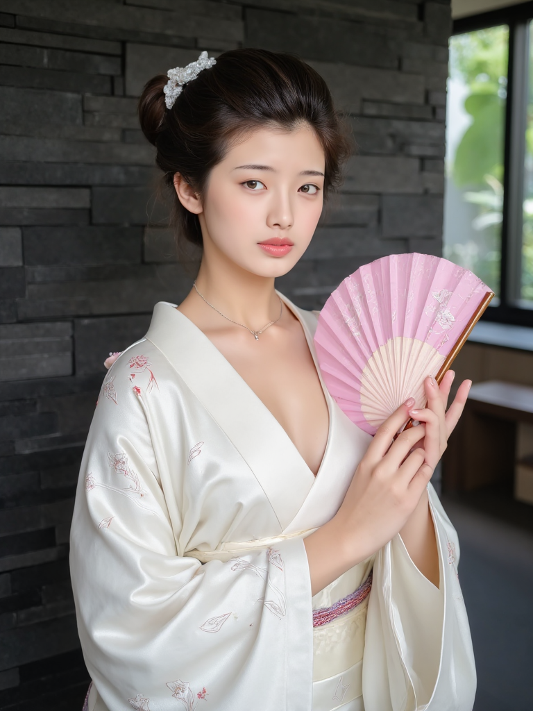 There are wonderful studio lights and various reflections,
18yo beautiful cute girl with blushing and female orgasm.skin naturally showing the texture of blood vessels and detailed pale skin,
--,
<lora:Yamaguchi_Momoe_f1_rank2_bf16:1>,she is Yamaguchi Momoe,
--, --,This image presents an elegant pose of a young woman wearing a kimono,holding a fan,standing in front of a modern background,exuding a unique charm that blends classical and modern elements. She is dressed in a light-colored kimono adorned with soft floral patterns,the colors are subtle and fresh,giving a tranquil and beautiful feeling. The V-neck design of the kimono is bold and sexy,revealing her delicate collarbone and the necklace she wears,along with a full cleavage,adding a touch of allure. The loose sleeves and fitted waist design highlight her graceful body curves.,The model's pose is elegant and confident,holding a pink fan with a delicate pattern that complements the style of the kimono. She is slightly turned to the side,her gaze softly looking forward,her rosy lips slightly parted,with a calm expression that carries a hint of mystery. Her hair is styled into an exquisite bun,adorned with a white hair accessory,making her appear more dignified. Her makeup is refined,with arched brows and eyes,exuding a gentle and charming aura.The background features a modern indoor environment,with dark stone walls that convey a sense of stability and restraint. A blurred window is faintly visible in the background,with indistinct green plants outside,adding a touch of vitality to the scene. The overall image,through the clever use of light,color,and composition,successfully creates a classical,elegant,and slightly sensual atmosphere,showcasing the model's unique charm and temperament.