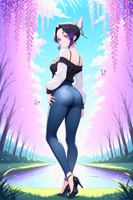 beautiful detailed eyes, masterpiece, best quality, intricate details, absurdres, 1girl, solo,
<lora:P-IL-ShinobuKocho:1>, sh1n0bu, black hair, purple bangs, short hair, purple eyes, butterfly hair ornament,
tight jeans, denim, black sweater, off shoulder, bare shoulders, long sleeves, white sleeves, butterfly sleeves,
pointed-toe heels, high heels, stiletto heels, strappy stilettos,
medium breasts, lower lips, beutifull lips, smile, no pupils, looking at viewer,
standing, posing sexy, hips tilted, hand on hip, from behind, ass,
meadow, weeping willow, butterflies, soft sunlight, petals, stream, greenery, tranquil glow, blue sky, clouds,