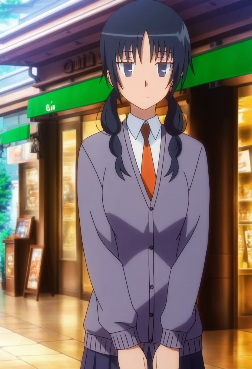 masterpiece, best quality, absurdres, detailed skin, detailed eyes, detailed face, anime colored, anime screencap, anime colored,
<lora:Uomi_Chihiro:1>, uomi, 1girl,shirt, school uniform, necktie, expressionless, cardigan,
cowboy shot,
outdoors, shop,
