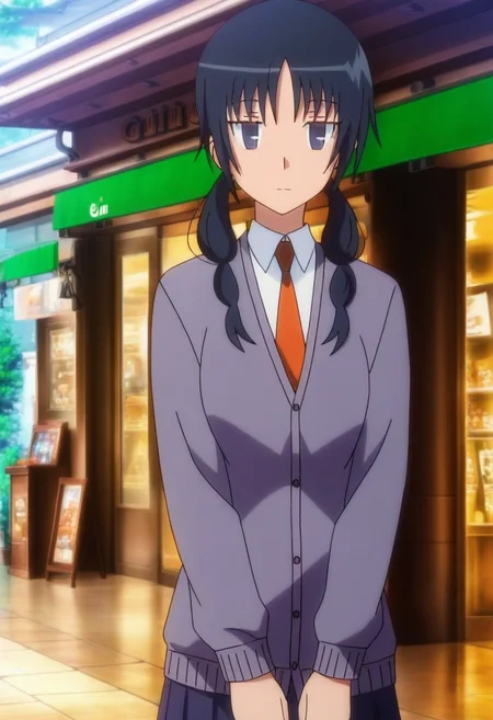 masterpiece, best quality, absurdres, detailed skin, detailed eyes, detailed face, anime colored, anime screencap, anime colored,
<lora:Uomi_Chihiro:1>, uomi, 1girl,shirt, school uniform, necktie, expressionless, cardigan,
cowboy shot, 
outdoors, shop,