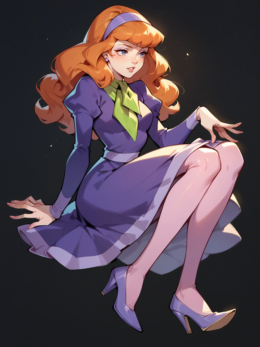 score_9, score_8_up, score_7_up, score_6_up, score_5_up,  <lora:DaphneBlakeXLP:0.6> daphne blake, 1girl, solo, hairband, long hair, pantyhose, orange hair, dress, high heels, black background
