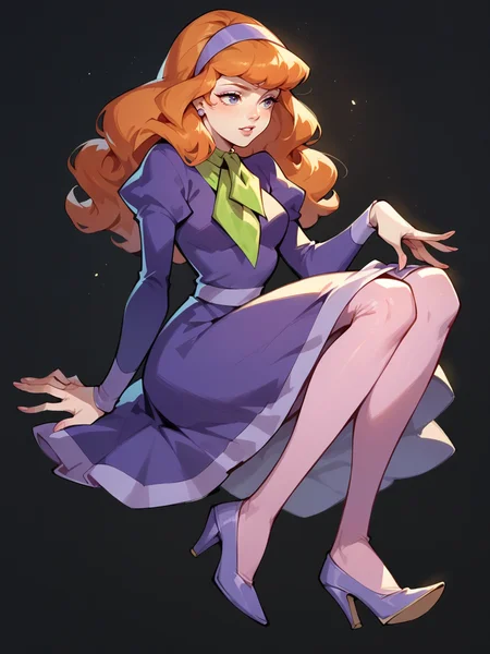 score_9, score_8_up, score_7_up, score_6_up, score_5_up, <lora:DaphneBlakeXLP:0.6> daphne blake, 1girl, solo, hairband, long hair, pantyhose, orange hair, dress, high heels, black background