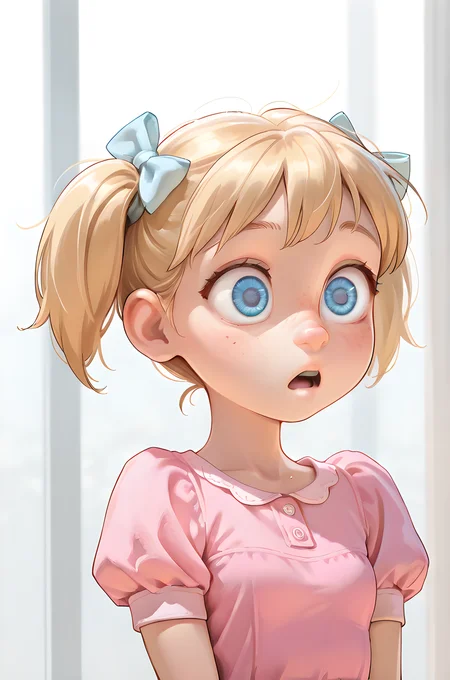 masterpiece, best quality, amazing quality,
<lora:DisneyStudios_style:1>
1girl, solo, light blue eyes, blonde hair, short hair, twintails, cute, big eyes, small nose, freckles, hair bow, small breasts, upper body,
shock, open mouth,
pink dress, puffy sleeves,