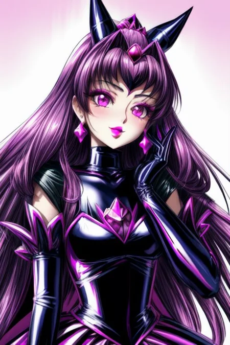 evil corrupted young princess wearing dark pastel (ruffled:1) (gleaming latex:1) EvlSM DarkPrecure Bad_End_Precure gown with (long latex cape:1) and latex elbow bridal gauntlets, (Perfect Face:1), soft lighting, glossy red lips, ruffles,
<lora:more_details:1>
