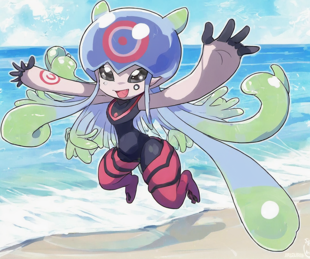 1girl,full body,outdoors,solo,a jellymon at the beach,anime,  <lora:JellymonXL:0.9>