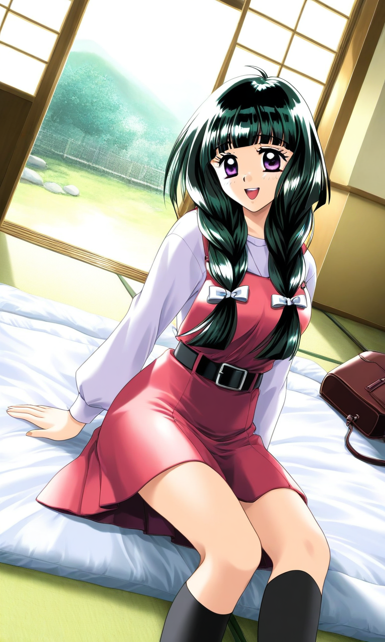 general,highres, ultra-detailed,very aesthetic,best quality ,best hands, BREAK  <lora:Kamiyama_Miko_kakyuusei_Ver2.0_IS:1>Kamiyama_Miko(kakyuusei), 1girl, solo, dark green hair,, long hair, purple eyes, twin braids, white bow, blunt bangs, hair bow, medium breasts, smile, open mouth,
hair over shoulder, 1girl, soro, green hair, long hair, hair over shoulder, bangs, purple eyes, hair bow, twin braids, blunt bangs, black hair, smile, 
Japan room, tatami, futon, sitting, dutch angle, socks, smile, black hair, belt, day, dress, long hair, bag, long sleeves, knee highs,