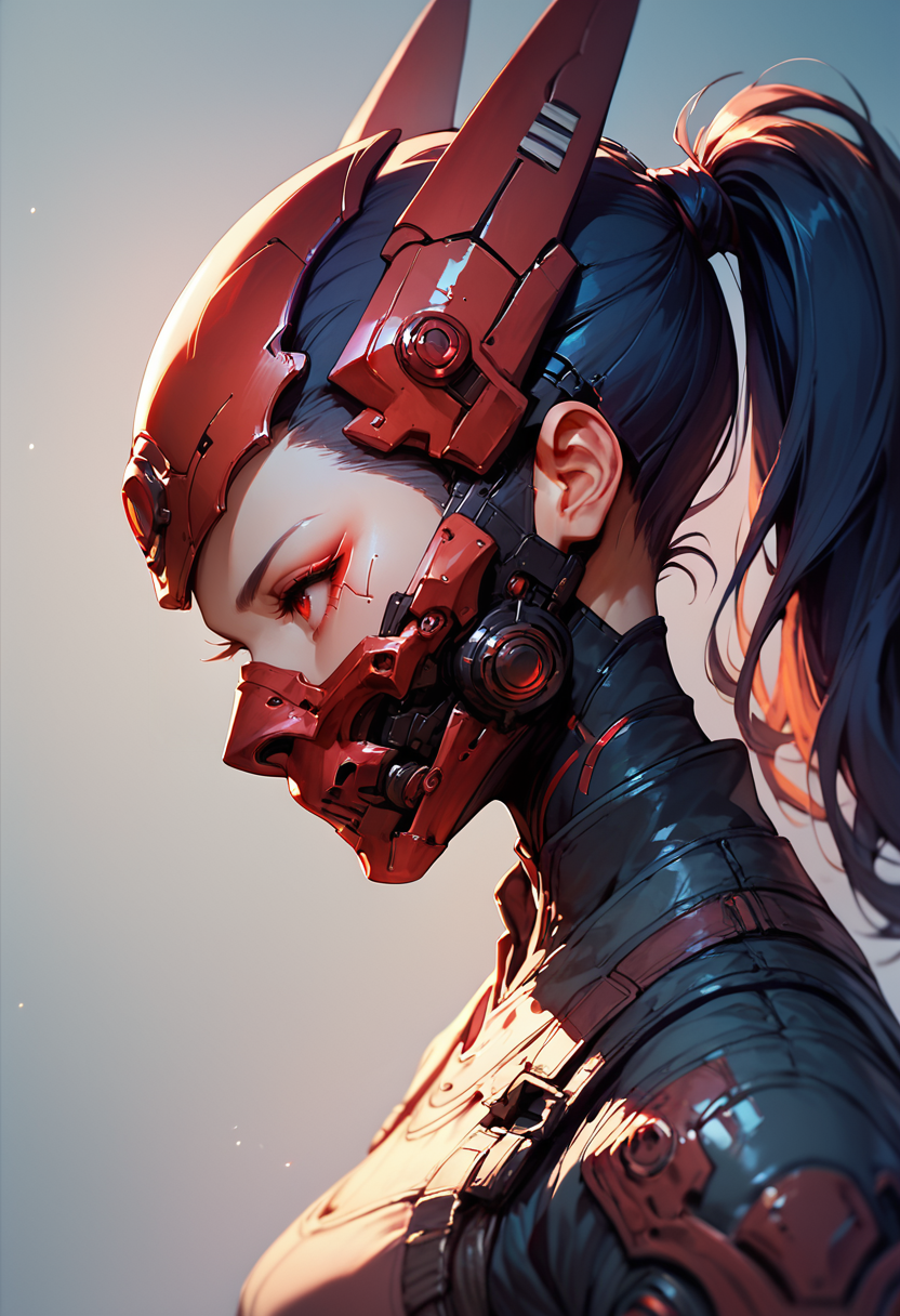(score_9, score_8_up), score_7_up,1girl, red eyes, ponytail, armor, from side, profile, mask, headgear, helmet, mouth mask, cyberpunk
<lora:masky-000009:0.8>