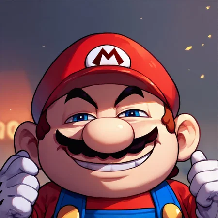 score_9, score_8_up, score_7_up, source_anime, solo, Mario, red m cap, blue overalls, white gloves, IncrsAnyasHehFaceMeme, grin, face focus