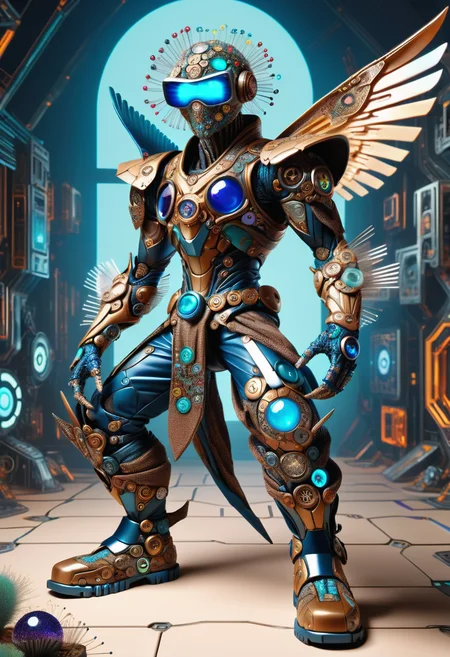 hyper detailed masterpiece, dynamic, awesome quality,DonMN33dl3P1ll0wXL male cyber ninja, gene-spliced hybrids, beings resulting from genetic manipulation, exhibiting a mix of species traits, elderly chiseled, middle easterner, deep blue eyes, crooked nose, sunken cheeks, chiseled chest, , brown curly undercut hair, joy, power pose, character stands with legs apart, fists clenched, and head held high, projecting strength, cybernetic robotic wings wearing virtual reality holo-leather adaptive chameleon camo pants, vaporwave print virtual reality titanium weave two-toned holo-silk pullover, ar-enabled work boots, ,reactive quick-release straps , collecting moonlight in a crystal, capturing its mystical essence, futuristic interiors, gathering clues from the virtual data web and encrypted files, steampunk-cyberpunk fusion <lora:DonMN33dl3P1ll0wXL:1>