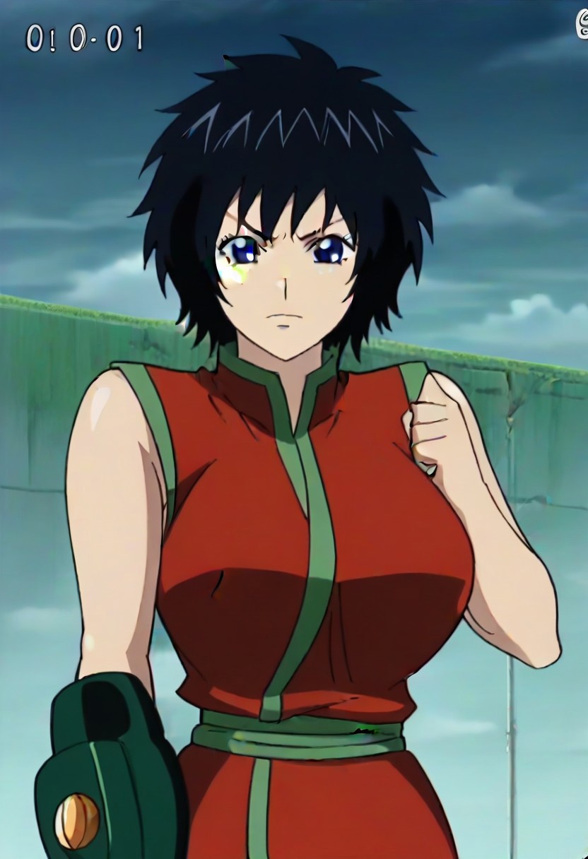 short black hair, blue eye, Scar on right cheek, red sleeveless outfit with green trim,, ,,,,,anime coloring, anime screencap , 1girl,Solo ,, anime,,PUFFY nipple,huge breasts,,, official art,,Uncensored ,Unedited ,,,, ,, ,, , ,,, ,, , ,,,