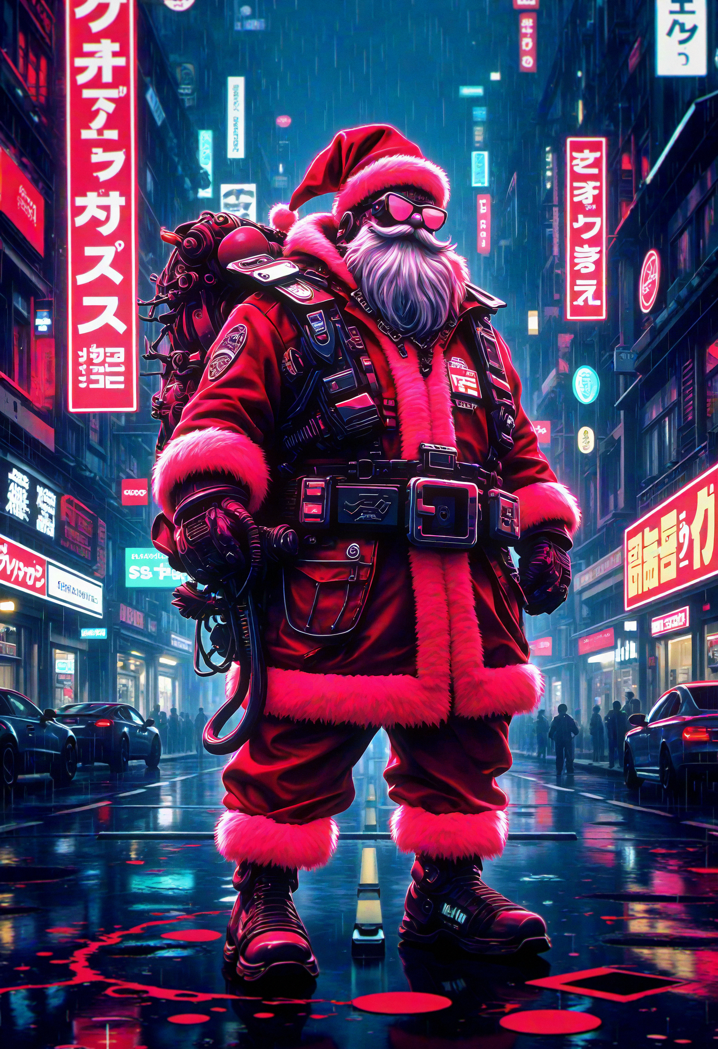 bo-cpposter, high-contrast digital illustration, cyberpunk Santa Claus, glowing neon red suit, cybernetic enhancements, high-tech sleigh, futuristic city, rain-soaked streets, neon signs, gritty urban backdrop, holiday figure, dystopian atmosphere, dark cityscape, futuristic technology, neon reflections, dynamic lighting, sci-fi aesthetics, chrome details, cyberpunk poster. , <lora:Flux\boFLUX Cyberpunk Poster.safetensors:1.4000000000000001:1.4000000000000001>