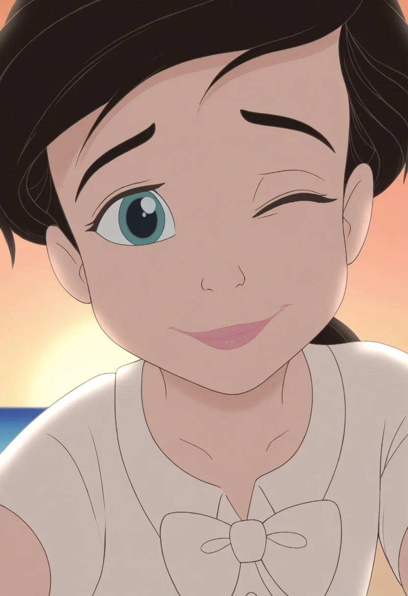 close up,melody,aqua eyes,winking,thick eyebrowns,black hair,ponytail,white hairband,smile,closed mouth,pink lips,arms down,white shirt,white bowtie,sea,yellow sunrise beach background