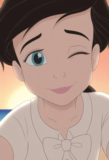 close up,melody,aqua eyes,winking,thick eyebrowns,black hair,ponytail,white hairband,smile,closed mouth,pink lips,arms down,white shirt,white bowtie,sea,yellow sunrise beach background