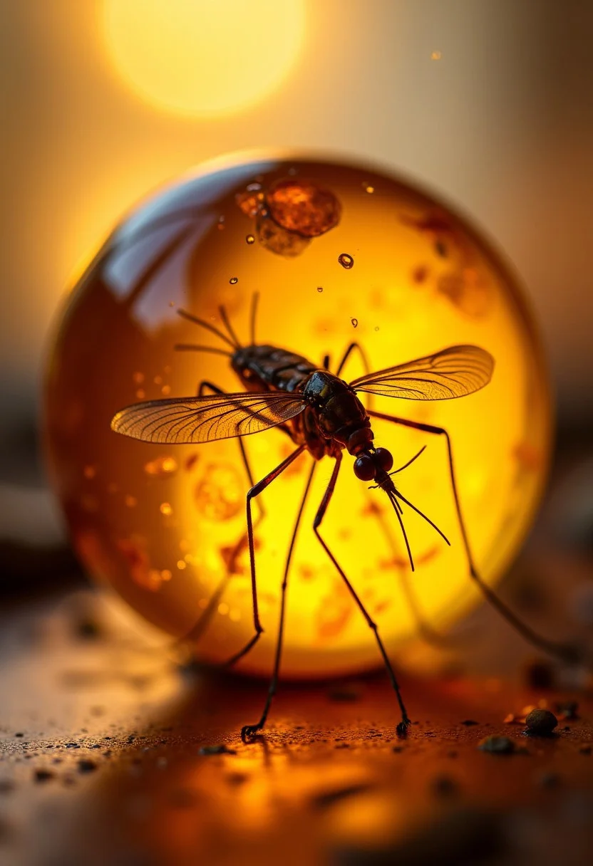 improved cinematic photo, 35mm photograph, film, professional, 4k, highly detailed,
The amber fragment is a smooth, slightly irregular sphere, roughly the size of a marble, with a warm golden-brown hue. Its surface is polished, gleaming softly under light, revealing a mesmerizing play of golden, honey, and orange tones. Tiny air bubbles and organic inclusions are scattered throughout, lending it a sense of antiquity and natural complexity.
Inside, a perfectly preserved mosquito lies suspended in time, its delicate body encased in the translucent amber. The mosquito's fragile wings are intricately veined, spread slightly as if caught mid-flight, shimmering faintly under the amber’s glow. Its slender legs are bent, and its long proboscis is clearly visible, emphasizing its ancient yet recognizable anatomy.
Around the mosquito, subtle striations and minute organic fragments, possibly plant material or dust, create a vignette that frames the insect. The amber’s clarity varies in places, with some sections slightly cloudy, further accentuating the mosquito as the focal point. The fragment feels timeless, a tiny time capsule offering a glimpse into a prehistoric world millions of years ago