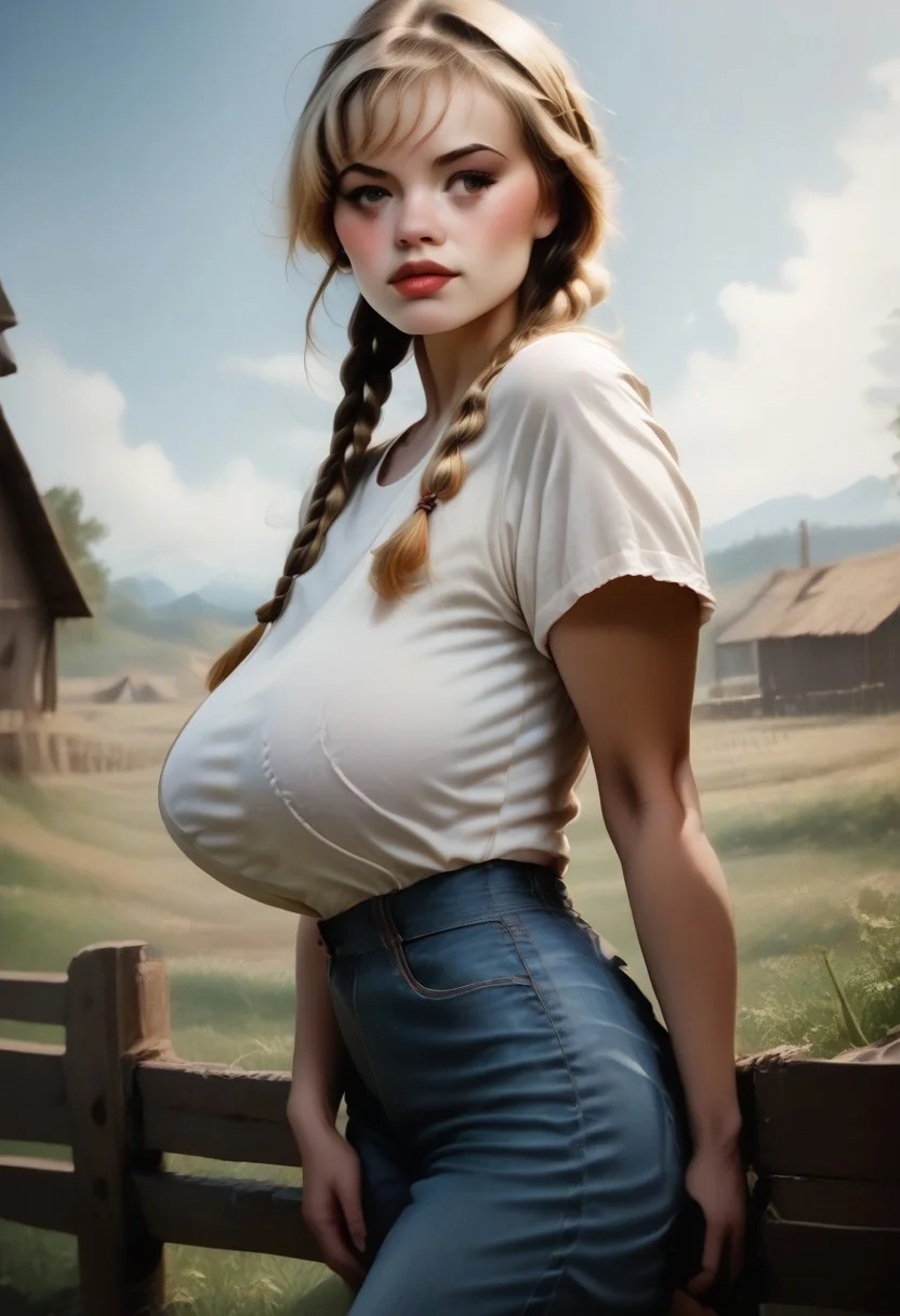 score_9, score_8_up, score_7_up,detailed, pinup poster of Guin, blonde country girl, leaning in side view against a rustic wooden fence, rural landscape, her shirt is casually knotted under her covered large breasts, denim hot pants, twin braids, innocence and charm, classic pin-up style, ww2 poster, propaganda poster, detailed face of Guin, bright colors, contrast