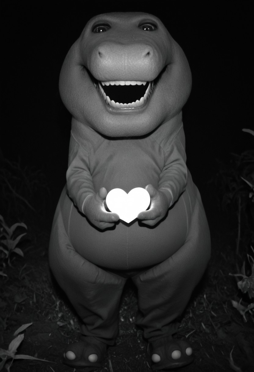 barneydinosaur, score_9, score_8_up, score_7_up, score_6_up, score_5_up, score_4_up, source_furry, hi res, sfw, photorealistic, realistic, photo, solo, 1boy,

anthro, biped, dinosaur, scalie, tyrannosaurus rex, three toes, short tail, fat, chubby, mascot suit, plush costume, white teeth, black eyes, short arms, (two fingers), thick legs, monster, scary face, scary expresion, sharp teeth, big butt,

Looking at the viewer, angry, very angry expression, furious expression, POV, drooling, monochrome, horror, horror scene, dark rooms, glowing eyes, holding a heart, heart, full body,

at night, on a forest,