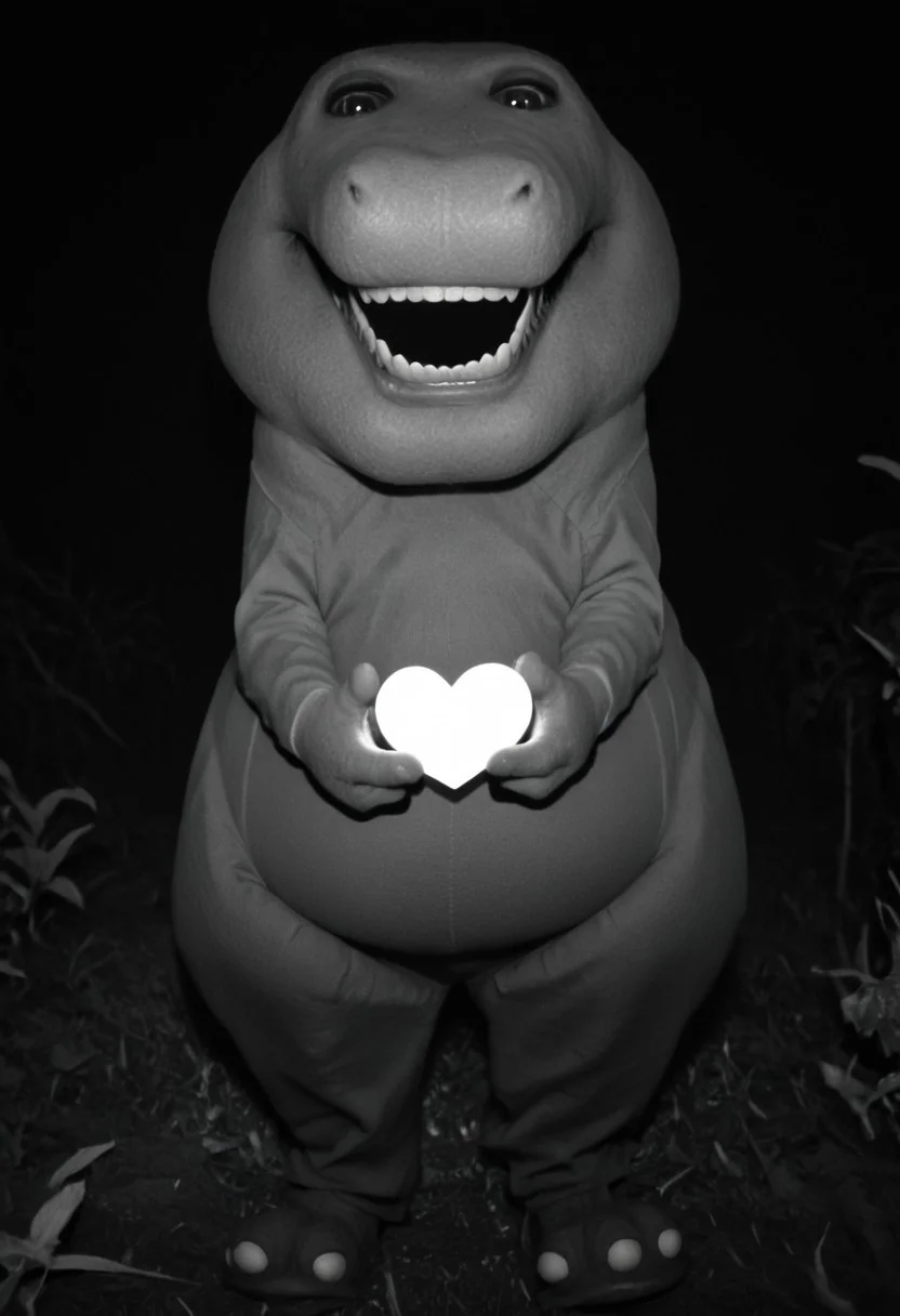 barneydinosaur, score_9, score_8_up, score_7_up, score_6_up, score_5_up, score_4_up, source_furry, hi res, sfw, photorealistic, realistic, photo, solo, 1boy,
anthro, biped, dinosaur, scalie, tyrannosaurus rex, three toes, short tail, fat, chubby, mascot suit, plush costume, white teeth, black eyes, short arms, (two fingers), thick legs, monster, scary face, scary expresion, sharp teeth, big butt,
Looking at the viewer, angry, very angry expression, furious expression, POV, drooling, monochrome, horror, horror scene, dark rooms, glowing eyes, holding a heart, heart, full body,
at night, on a forest,