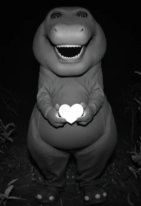 barneydinosaur, score_9, score_8_up, score_7_up, score_6_up, score_5_up, score_4_up, source_furry, hi res, sfw, photorealistic, realistic, photo, solo, 1boy,
anthro, biped, dinosaur, scalie, tyrannosaurus rex, three toes, short tail, fat, chubby, mascot suit, plush costume, white teeth, black eyes, short arms, (two fingers), thick legs, monster, scary face, scary expresion, sharp teeth, big butt,
Looking at the viewer, angry, very angry expression, furious expression, POV, drooling, monochrome, horror, horror scene, dark rooms, glowing eyes, holding a heart, heart, full body,
at night, on a forest,