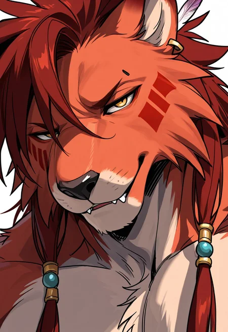 score_9, score_8_up, score_7_up, 8k, detailed design, detailed background, detailed characters, masterpiece, anthro only, furry only, solo,  <lora:redxiiiIllustrious>, red xiii, 1boy, bangle, beads, body markings,dog nose, earrings, facial mark, fangs, feather hair ornament, feathers, furry, furry male, hair ornament, male focus, mane, red fur, red hair, feline, muscular male, solo, tribal, anthro, close up, smug,