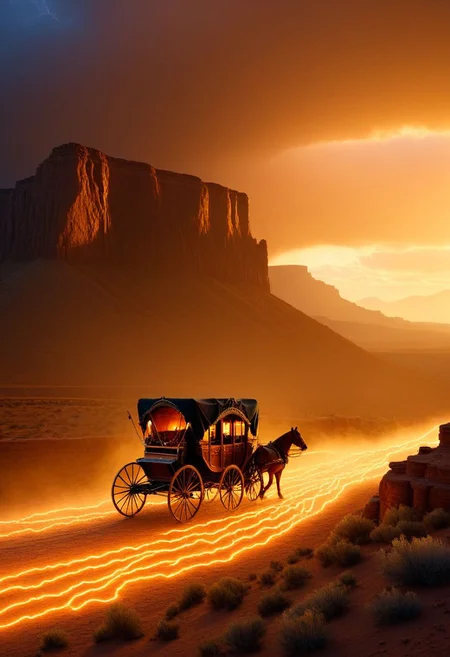 ispzxll, diorama, isometric, miniature, volumetric lighting style, intricate details, old west, americain frontier, wild west, horse, carriage, fast, view of bluff, dynamic frame, long shadows, golden hour, epic, rainstorm on horizon