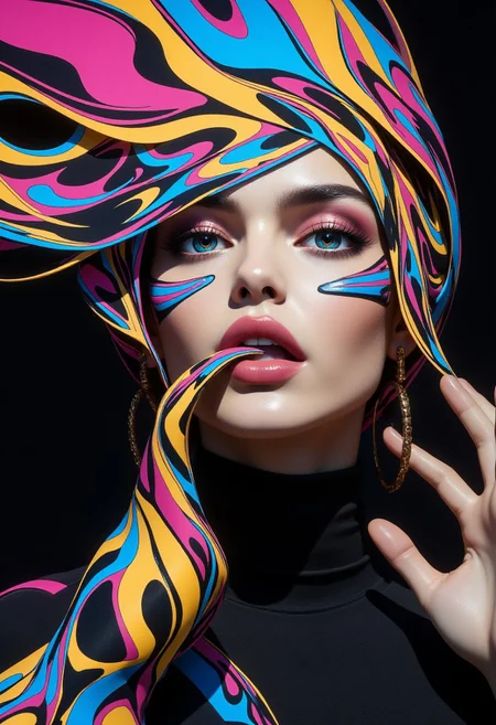 The image features a highly stylized, close-up view of a beautiful woman's face. The central focus is on the lips and tongue, with the lips painted in a bold pink color. The tongue is decorated with a psychedelic design, featuring swirling patterns and bright colors like pink, purple, blue, yellow, and green. These colors give a dynamic, trippy effect to the tongue, creating an almost surreal appearance. The face's surrounding area is dark with abstract shapes and bursts of colorful paint that seem to extend outward from the figure's mouth. The overall composition emphasizes vivid, bold colors and geometric, organic patterns that evoke a sense of movement and energy. The details are smooth and glossy, giving the subject a polished, almost digital look.
