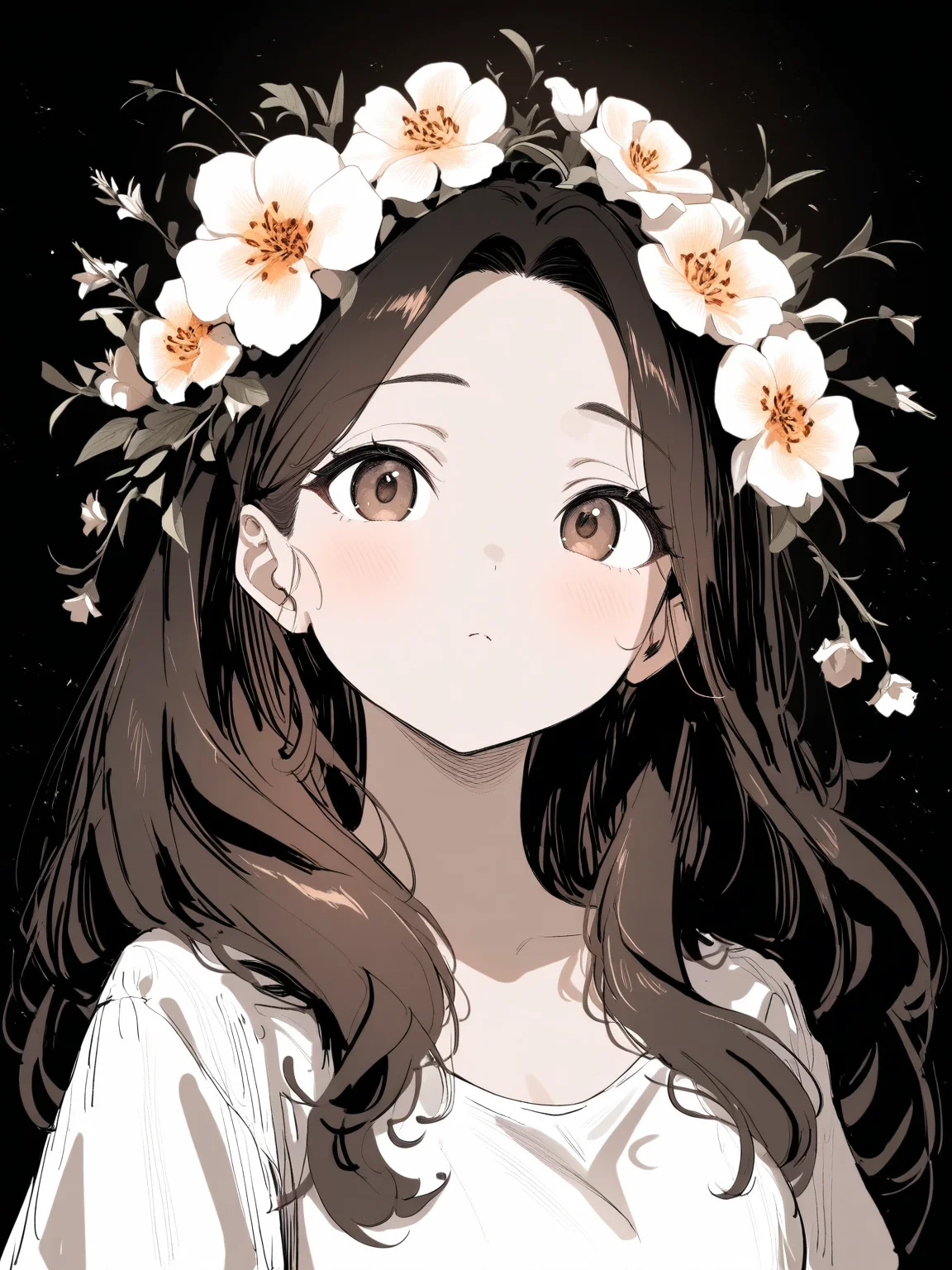masterpiece,high score,great score,absurdres, ., (Height, Average height for her age, likely around 5 feet 6 inches (167 cm) as an adult:1), (Build, Slim but not overly athletic, with a natural, slightly willowy frame that matches her bookish lifestyle:1), (Hair, Thick, bushy brown hair, often untamed and wild in her younger years. By the time sheâs older, she tames it somewhat, but it still retains a voluminous and wavy quality:1), (Eyes, Warm brown eyes, described as bright and intelligent, reflecting her curiosity, quick thinking, and inner passion for knowledge:1), (Skin, Fair complexion with a natural, slightly rosy undertone, giving her a healthy and youthful appearance:1),, <lora:R0k00Bl0ckB0ckgr00ndHD:1>,R0k00Bl0ckB0ckgr00ndHD, gradient, black background, no humans, simple background, meticulous, monochrome, still life, Rembrandt Lighting, greyscale, Focus on details, flower,,