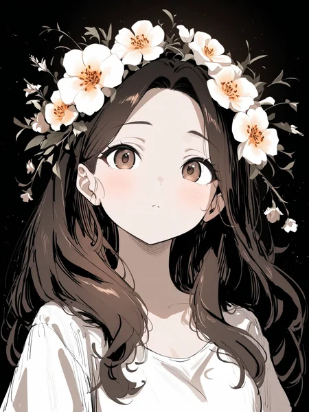 masterpiece,high score,great score,absurdres,  ., (Height, Average height for her age, likely around 5 feet 6 inches (167 cm) as an adult:1), (Build, Slim but not overly athletic, with a natural, slightly willowy frame that matches her bookish lifestyle:1), (Hair, Thick, bushy brown hair, often untamed and wild in her younger years. By the time sheâs older, she tames it somewhat, but it still retains a voluminous and wavy quality:1), (Eyes, Warm brown eyes, described as bright and intelligent, reflecting her curiosity, quick thinking, and inner passion for knowledge:1), (Skin, Fair complexion with a natural, slightly rosy undertone, giving her a healthy and youthful appearance:1),, <lora:R0k00Bl0ckB0ckgr00ndHD:1>,R0k00Bl0ckB0ckgr00ndHD, gradient, black background, no humans, simple background, meticulous, monochrome, still life, Rembrandt Lighting, greyscale, Focus on details, flower,,