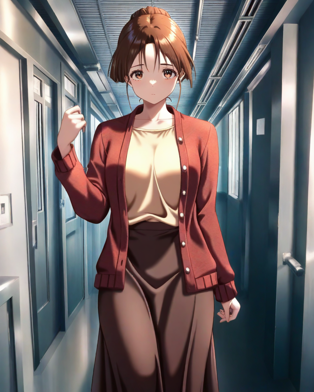 masterpiece,best quality,amazing quality,very aesthetic,absurdres,newest,scenery,<lora:Mori Misato_ilxl_v1-000010:1>,1girl,solo,brown hair,brown eyes,cardigan,single hair bun,hair bun,red jacket,long sleeves,looking at viewer,collarbone,open clothes,mori misato,standing,looking at viewer,brown skirt,long skirt,