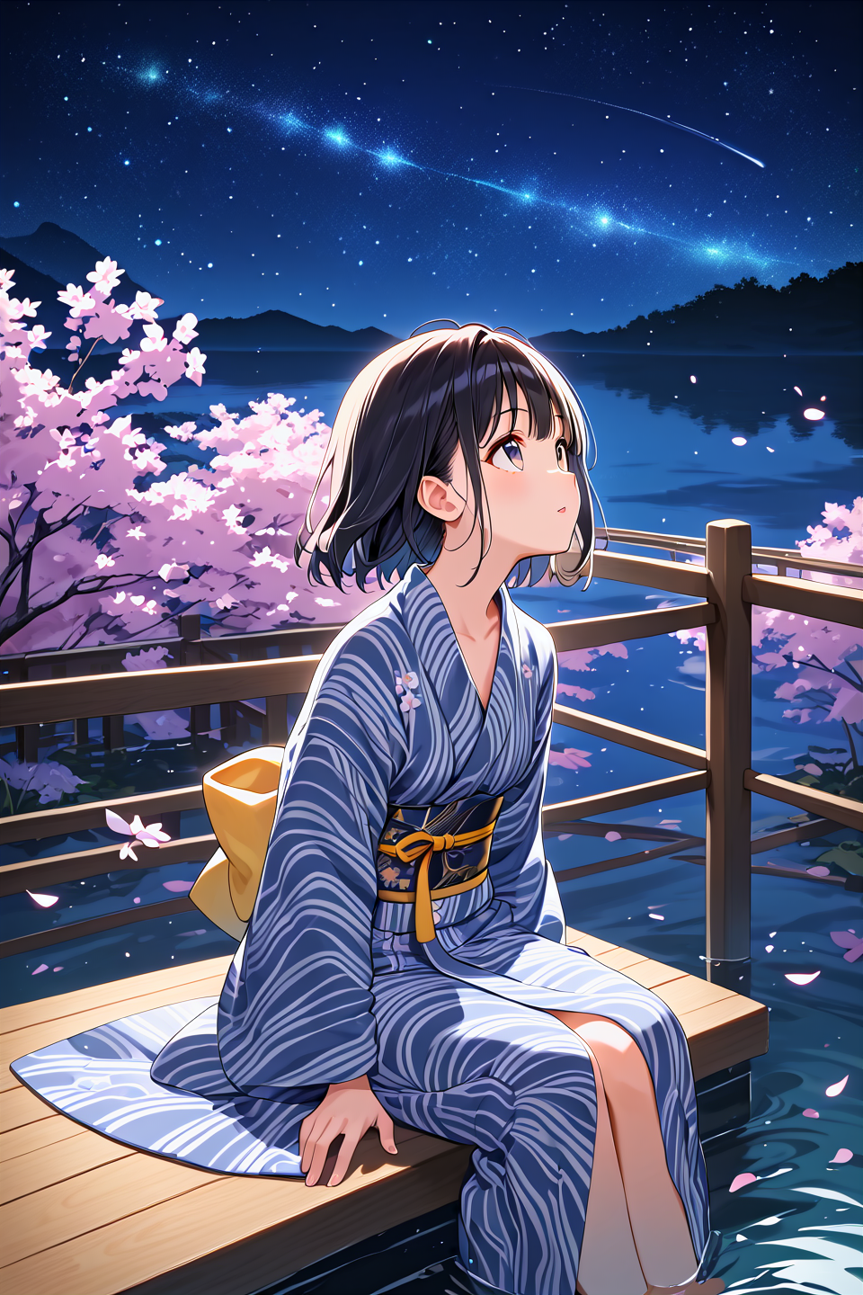 score_9, best quality, official art, 
1girl,solo,
dark blue yukata,flower yukata,night,(starry sky:1.2),sitting,look up,dark,river