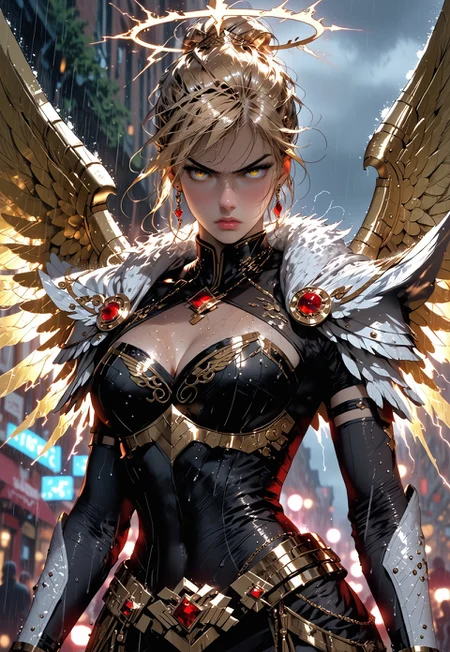 safe_pos, 1girl, sfw, gorgeous, freckles, shiny wet skin, detailed skin, detailed face, fierce:2, angry, intense glare, arched back:2, dynamic pose:2, perfect eyes, eye contact, black pupils:1.5, piercing gaze, glowing eyes, enormous valkyrie wings:2, flaming halo, decorative mystic armor, huge wings:2, action pose, cleavage:0.8, showing skin:0.8, pants, gladiator skirt:2, cape, decorated armor, intricate armor, shiny armor, perfect hands:2, perfect fingers, eyeliner, relaxed hands, covered breasts, armored thigh highs, pants, 
BREAK
public place:2, outdoors, rain, rainy day, dark sky, dusk, lightning strike:2, stormy sky, lightning in sky, huge valkyrie wings behind her, 
BREAK
score_9, score_8_up, score_8, masterpiece, best quality, official art, extremely detailed, absurdres, high definition, photorealism, detailed shading, high contrast, ambient occlusion, 
BREAK
dynamic angle:1.5, cowboy shot, focus face, 

expressiveh, g4n1m3, comicbookpage style, mythp0rt, VALHERO, 