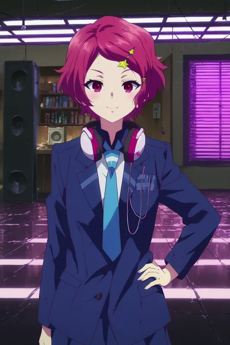 koito minase,1girl,solo,smile,headphones around neck,headphones,necktie,short hair,hair ornament,hairclip,star (symbol),star hair ornament,looking at viewer,school uniform,jacket,lowlight,low light,oily skin,shiny_skin,upper body,hand on own hip,smile,good_hands,standing BREAK indoors,nightclub,music,lights, dancefloor, DJ, speakers,shadows,led,pink neon led <lora:Koito_Minase_-_Musaigen_no_Phantom_World.safetensors:0.8> <lora:detailed_backgrounds_v2.safetensors:0.7> <lora:lowlight.safetensors:0.7>