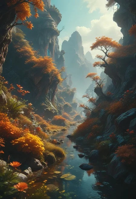 Stunning sci-fi fantasy landscape replete with flora. Wonderous and full of enchanting mysteries. Hyperrealistic, sharp focus, mixed media, dramatic lighting, ultra-detailed, ray-traced, award-winning, light leaks, high contrast, warm colors, color graded, zavy-rmlght, chiaroscuro, fluorescence, artialien