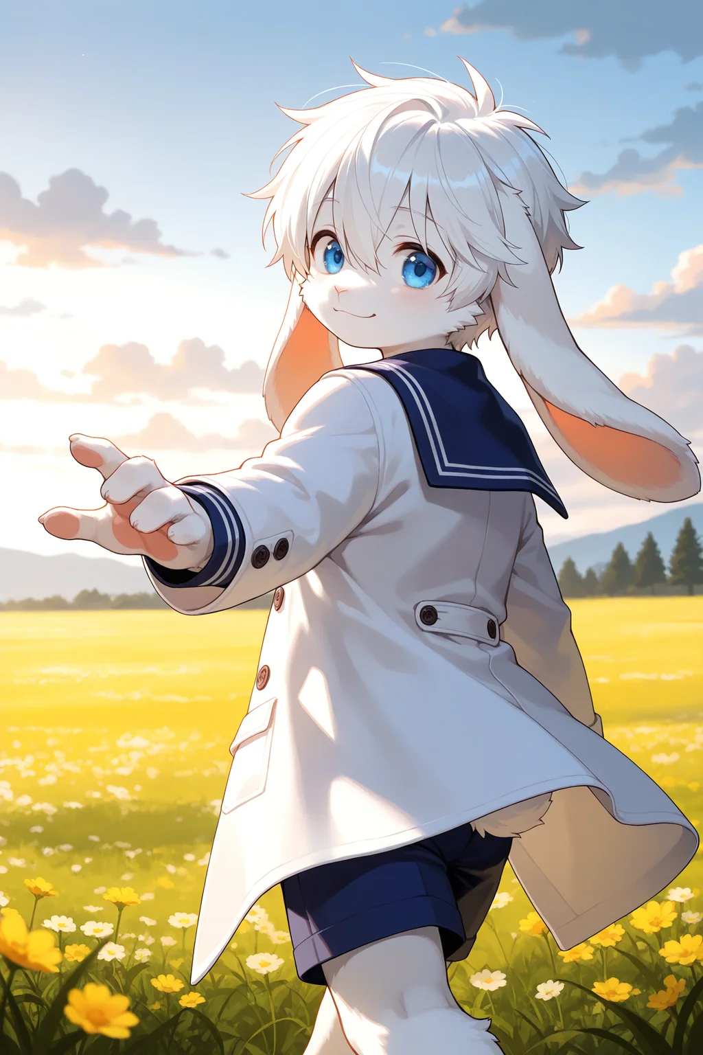 1boy,fur between eyes,white fur,lop rabbit ears,rabbit boy,blue eyes,furry male,smile,serafuku,white coat,blue shorts,paw,looking back,walking,reaching towards viewer,meadow,cloudy sky,nature,cinematic lighting,aged down,solo,male focus,IllusP0s,pastel colors,<lora:aidmaFLuxPro1.1_v0.3_IL:0.15>,<lora:noobaiXLNAIXL_epsilonPred11Version-lora:0.12>,<lora:best_of_ai_styles_noob-vpred-1.0_v1.337-edm2-pass-long:0.2>,
