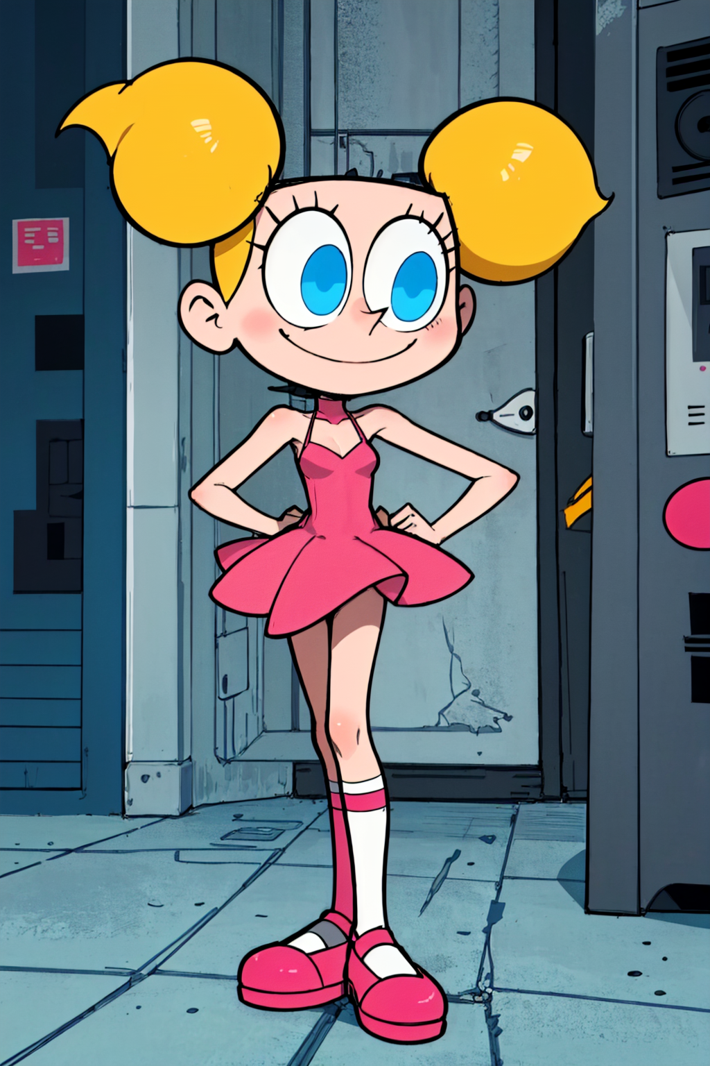 blonde hair, deedee, solo, white legwear, pink dress, twintails, blue eyes, 1girl, short twintails, smile, standing, pink footwear ,  <lora:deedee3.0-000008:0.5>