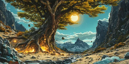 A surrealistic scene combining absolute contradictions: a blazing sun floating underwater, casting rays over a frozen desert with rippling sand dunes made of ice. In the sky above, enormous mountains are suspended upside down, their peaks piercing the clouds. A massive tree with roots hanging upward stands on a ceiling of stars, its branches shimmering with crystalline leaves. In the distance, a waterfall of fire flows into a river of glass, with geometric shapes floating aimlessly through the landscape. The overall feeling is both chaotic and oddly harmonious in its surreal absurdity.  <lora:anhei_first_flux_lora_v1:0.7> anhei  <lora:fantastic-realism:1> f4nt4st1c <lora:FluxDFaeTasticDetails:1>