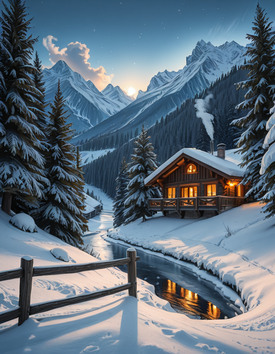 A stunning winter scene in the Tyrol region of Austria. A charming wooden chalet with traditional alpine architecture stands on a gentle snow-covered slope, surrounded by dense evergreen forests blanketed in fresh snow. The chaletâs warm interior lights glow softly through its large windows, creating a cozy contrast against the cool twilight hues of the sky. A plume of smoke drifts from the chimney, hinting at a roaring fireplace inside. In the foreground, a small wooden fence is partially buried under the snow, while a frozen river winds through the valley, reflecting the moonlight. Towering, snow-capped peaks of the Austrian Alps dominate the background, adding a breathtaking sense of grandeur. Snowflakes gently fall, adding movement and depth to the peaceful, picturesque scene. The image is hyper-realistic, capturing the intricate textures of the wood, snow, and ice, with cinematic lighting that highlights the magical winter ambiance.
<lora:SDXLFaeTastic2400:0.4> <lora:extremely_detailed:0.4> extremely detailed,winter scene in the Tyr0l, <lora:winter_scene_in_the_Tyr0l-i:1>, Masterpiece,best quality,hi res,8k,hi res,8k,award winning,(sharp focus, intricate, highly detailed),
