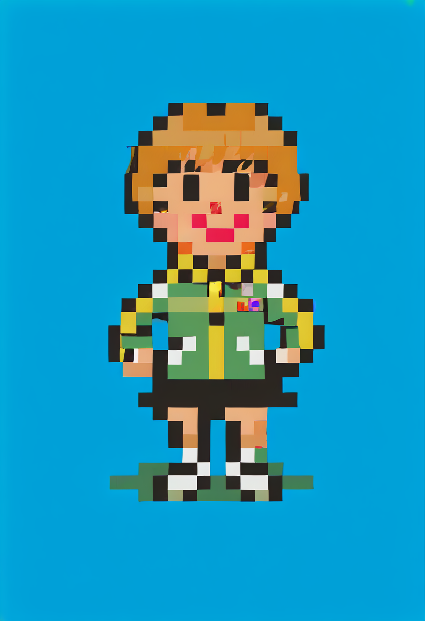 score_9, score_8_up, score_7_up, source_anime, 1girl, smile, <lora:EarthboundSpriteStyle-pdxl:1> pixel art, full body, standing, chibi, looking at viewer, blue background, <lora:zs_ChieXL:1> chiedef, brown hair, short hair, brown eyes, track jacket, skirt, houndstooth, black shorts, white footwear
