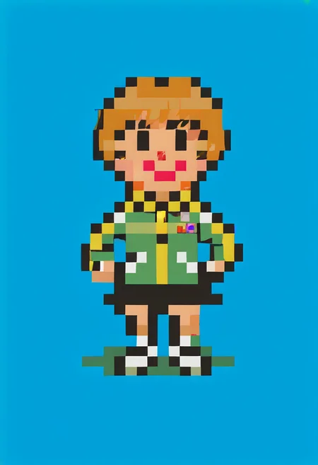 score_9, score_8_up, score_7_up, source_anime, 1girl, smile, <lora:EarthboundSpriteStyle-pdxl:1> pixel art, full body, standing, chibi, looking at viewer, blue background, <lora:zs_ChieXL:1> chiedef, brown hair, short hair, brown eyes, track jacket, skirt, houndstooth, black shorts, white footwear