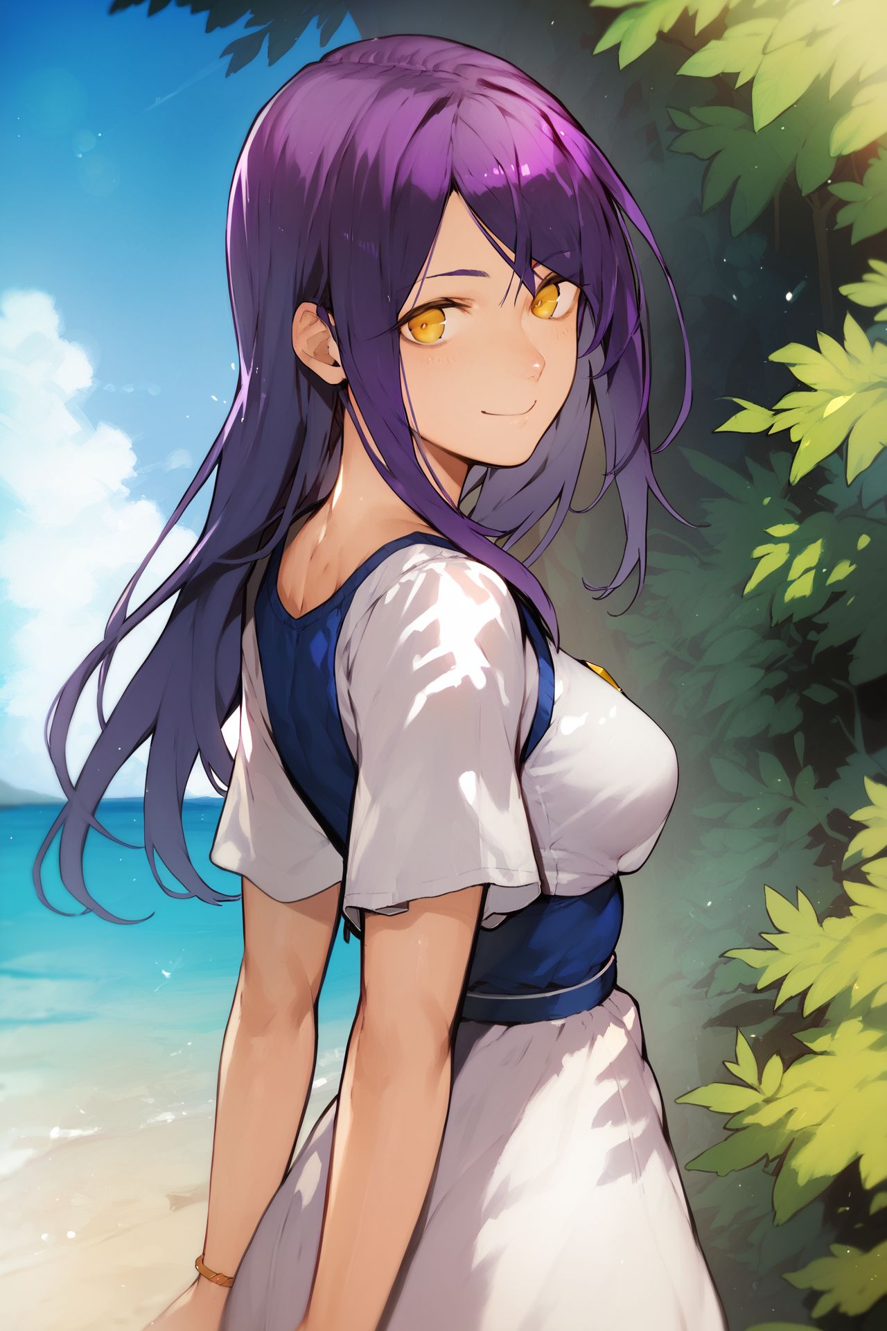 score_9, score_8_up, score_7_up, 1girl, cheeky smile, purple hair, swept_bangs, golden eyes, medium breasts, hands_behind_back, outdoors, day <lora:nishiide_kengorou_PonyXL_style_v01:1>