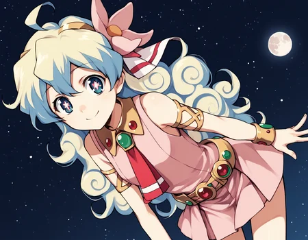 score_9, score_8_up, score_7_up, source_anime,
niateppelin, <lora:nia-teppelin-ponyxl-lora-nochekaiser:1>,
nia teppelin, cross-shaped pupils, hair flower, hair ornament, long hair, multicolored hair, simple background, symbol-shaped pupils, two-tone hair, ahoge, curly hair,
armlet, bracelet, dress, pink skirt, skirt, sleeveless,
outdoors, space, starry sky, moon, bent over, smile,
looking at viewer, solo, cowboy shot, dutch angle,