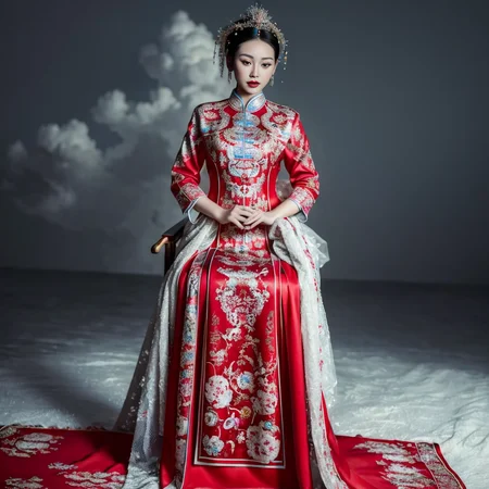 (8k, RAW photo, best quality, masterpiece:1.2), (realistic, photo-realistic:1.4), ultra-detailed, (Internet celebrity beauty),perfect detail , make up,(full body shot),China Jiangnan water town style, (cloud),zshs, a woman in a red and blue dress and a crown,<lora:zshs-10:0.8>