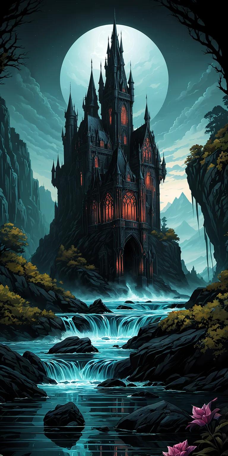 horror-themed, a nature scenery by Dan Mumford, glossy colored lineart sketch style, natural habitat environment, absurdres, clean and harsh image, cinematic shot, minimalistic,, very starry sky fading to black top, sheer cliff close view, crystal clear water, stones, shoal, pebbly shore, distant mist, rule of thirds composition, detailed . eerie, unsettling, dark, spooky, suspenseful, grim, highly detailed