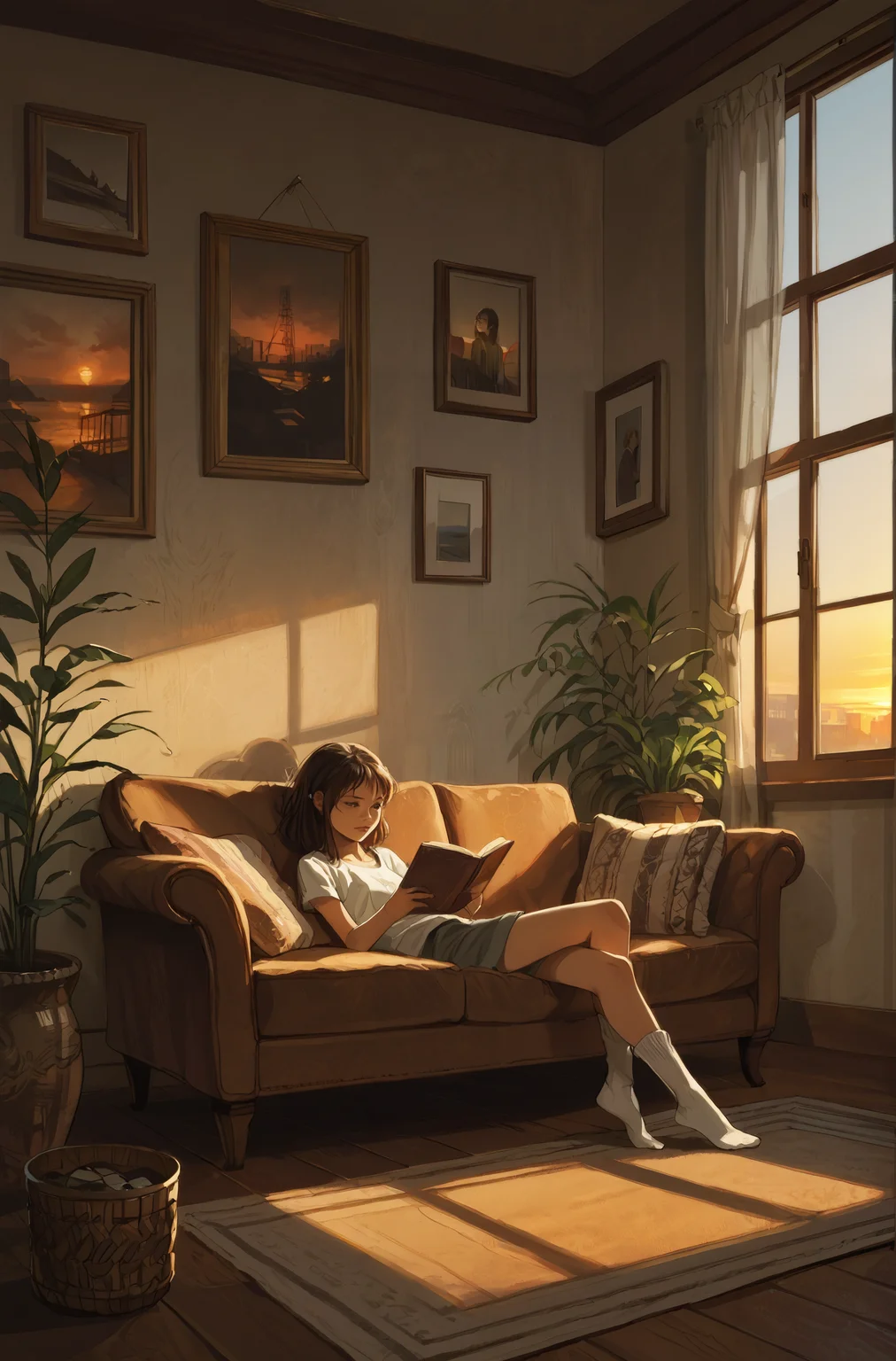 score_9_up, score_8_up, score_7_up, Casual, cell_shading, detailed, detailed background, masterpiece, best quality, highly detailed,
1 woman, livingroom, sunset, sitting on a couch, open window,
BREAK
couch, shelves,
BREAK
1woman, (socks), band_shirt, leaning back, reading,
original,
<lora:incase---1:0.4> <lora:DemizuPosukaXLP:0.8> DemizuPosuka <lora:kurtzXLP:1> kurtz