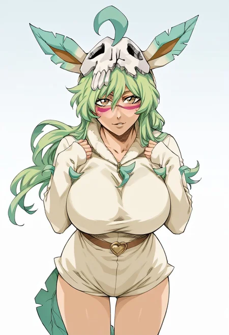 masterpiece, score_9, score_8_up, score_7_up, score_6_up, source_manga, colored,
1girl, human, sexy face, huge breasts,
NellielSDXL,1girl,hazel eyes, long hair, green hair, facial mark, skull,
ears, hood up, leafeon onesie, tail, l34f30n,
solo, standing, looking at viewer, cowboy shot, front view,